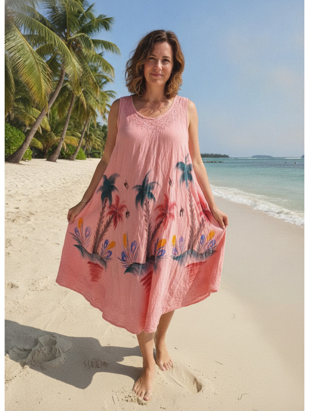 Pink Sleeveless Beach Dress with Tropical Palm Tree Print and Embroidered Hem, R